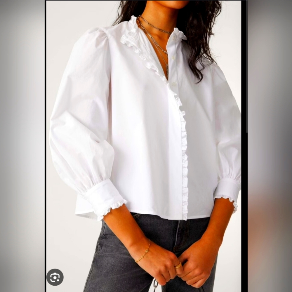 BA&Sh women Joon Ruffled Trim Cotton Blouse White Size XS New NWT